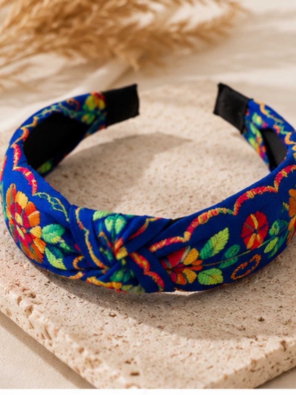 Royal Blue Embroidered Knotted Headband Boho Floral Hair Accessory